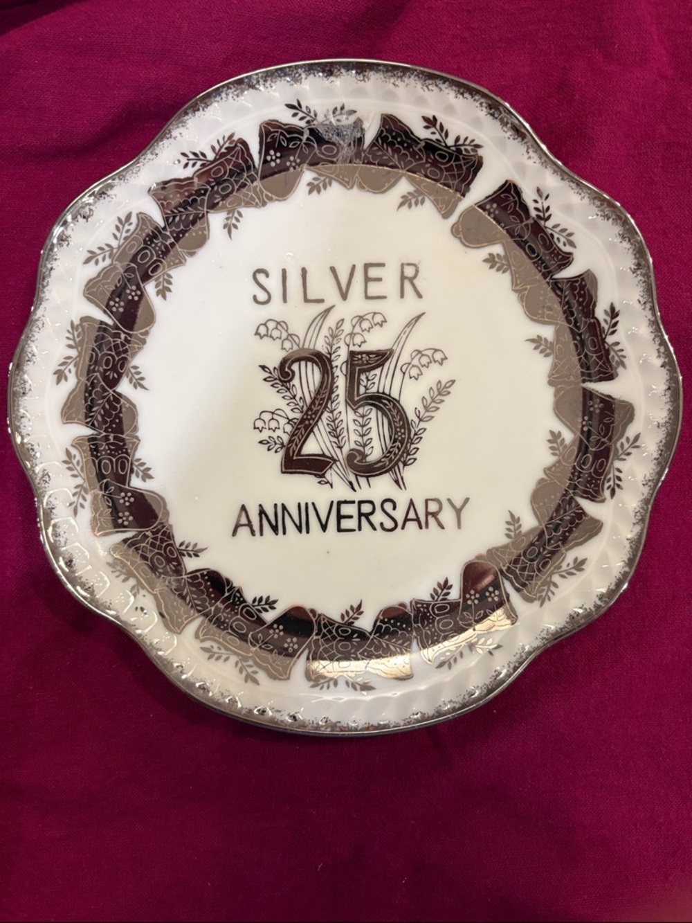 Source Unknown White and Silver 25th Anniversary Decorative Plate